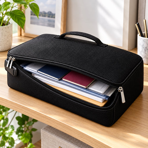 Fire-resistant document bag holding passports and documents on a shelf