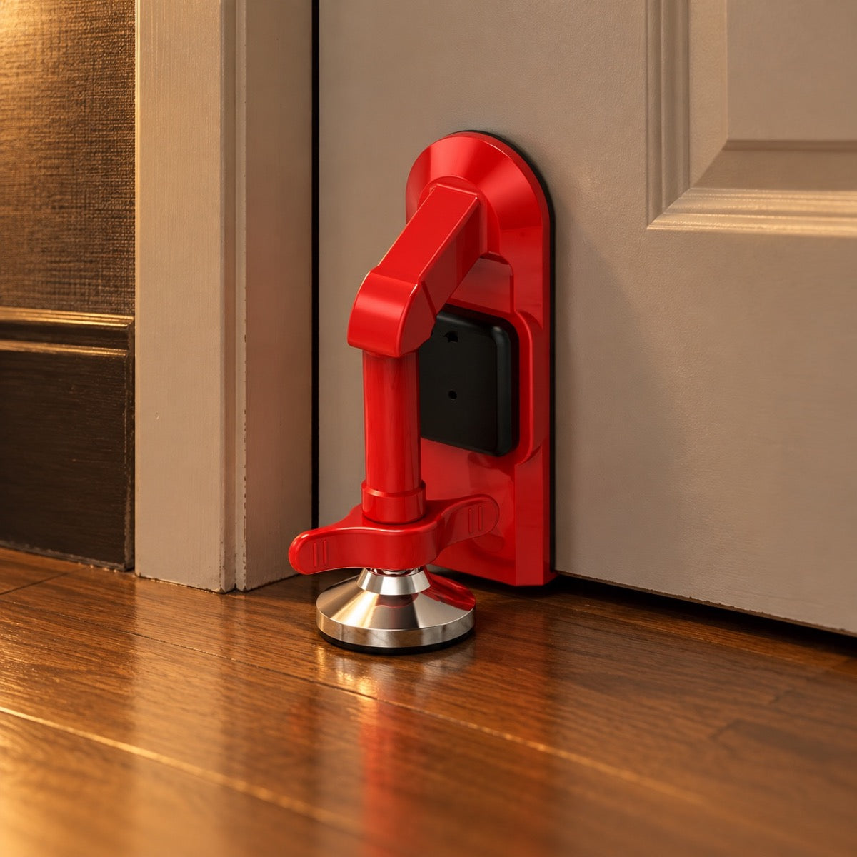 Portable door lock installed at a hotel room door