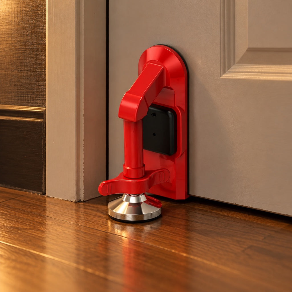Portable door lock installed at a hotel room door