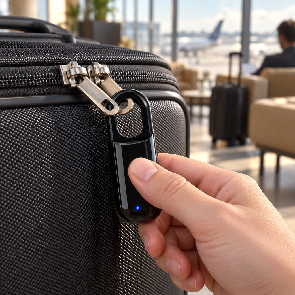 Unlocking the fingerprint padlock on a carry-on in an airport lounge
