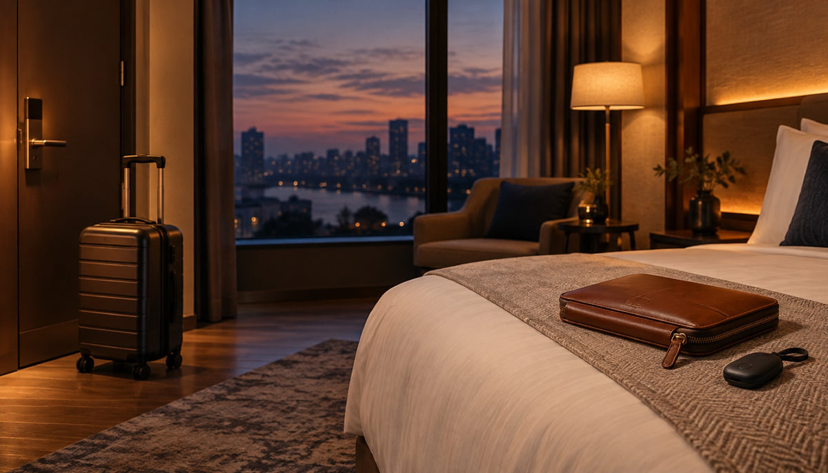 Calm boutique hotel room at dusk with a carry-on suitcase and travel organizer
