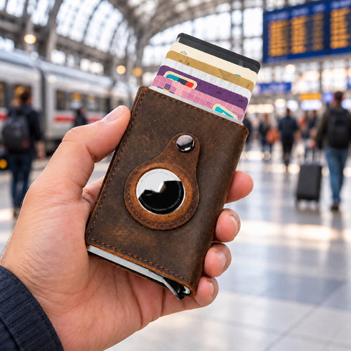RFID-blocking leather card wallet with AirTag holder in a train station