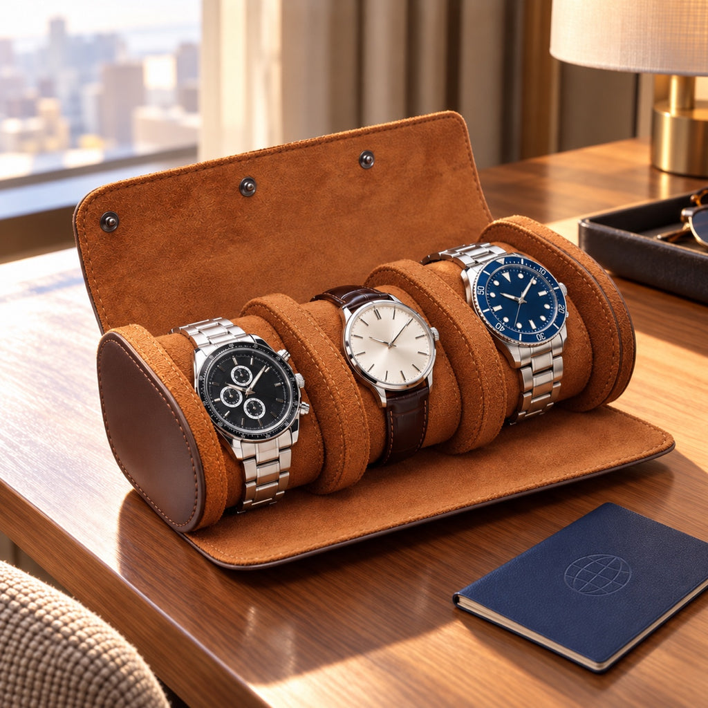 Travel watch case holding three watches on a hotel desk